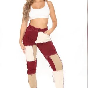 Stylish Patchwork Pants in Red and Tan